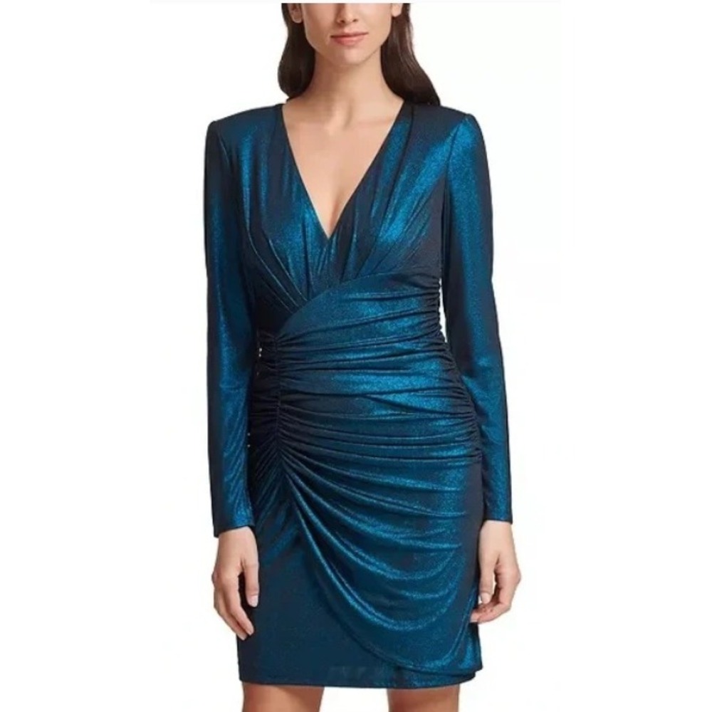 Vince Camuto Teal Metallic Long-Sleeve Mini Dress